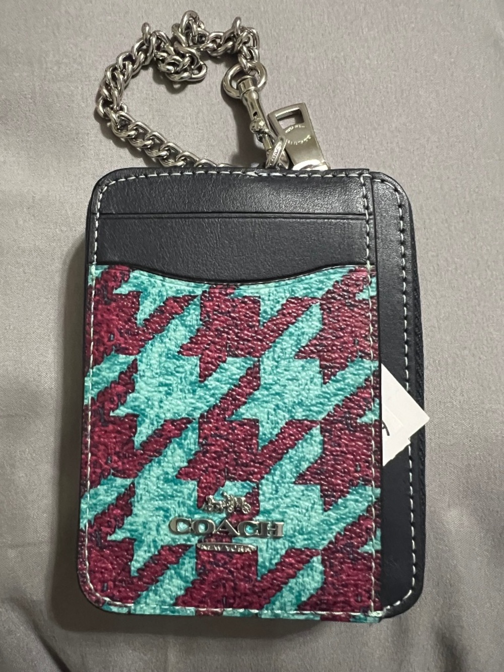 *COACH*(CK442)~SV/TEAL/WINE~ZIP CARD CASE W/HOUNDSTOOTH PRINT~COATED CANVAS/LTHR